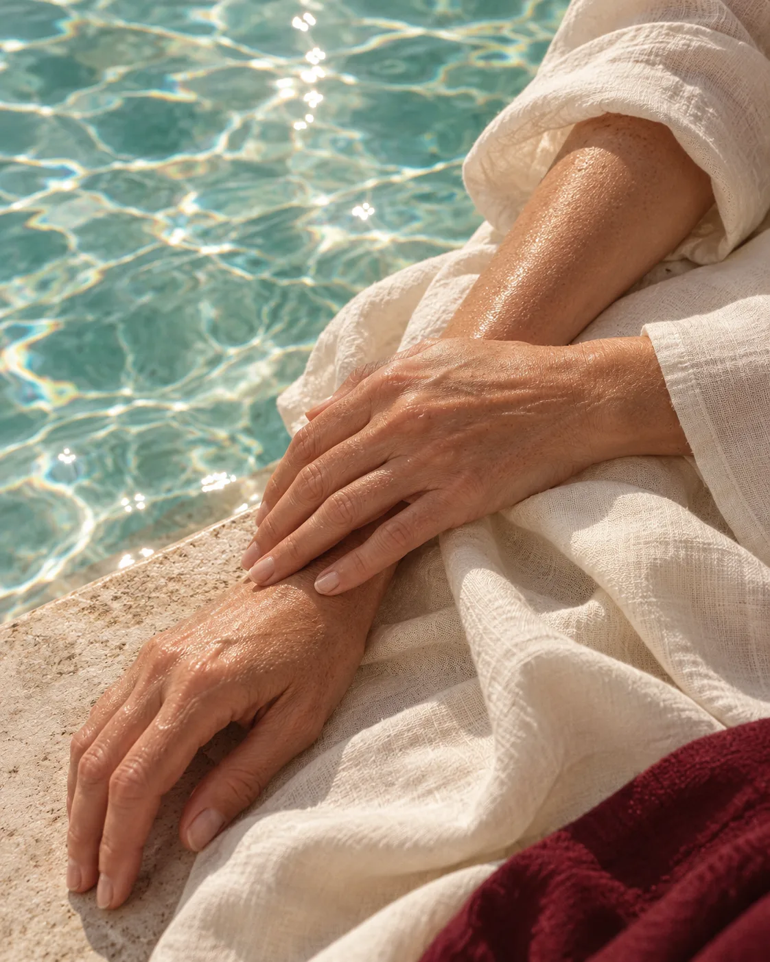 Mature hands and forearms in sunlight beside water