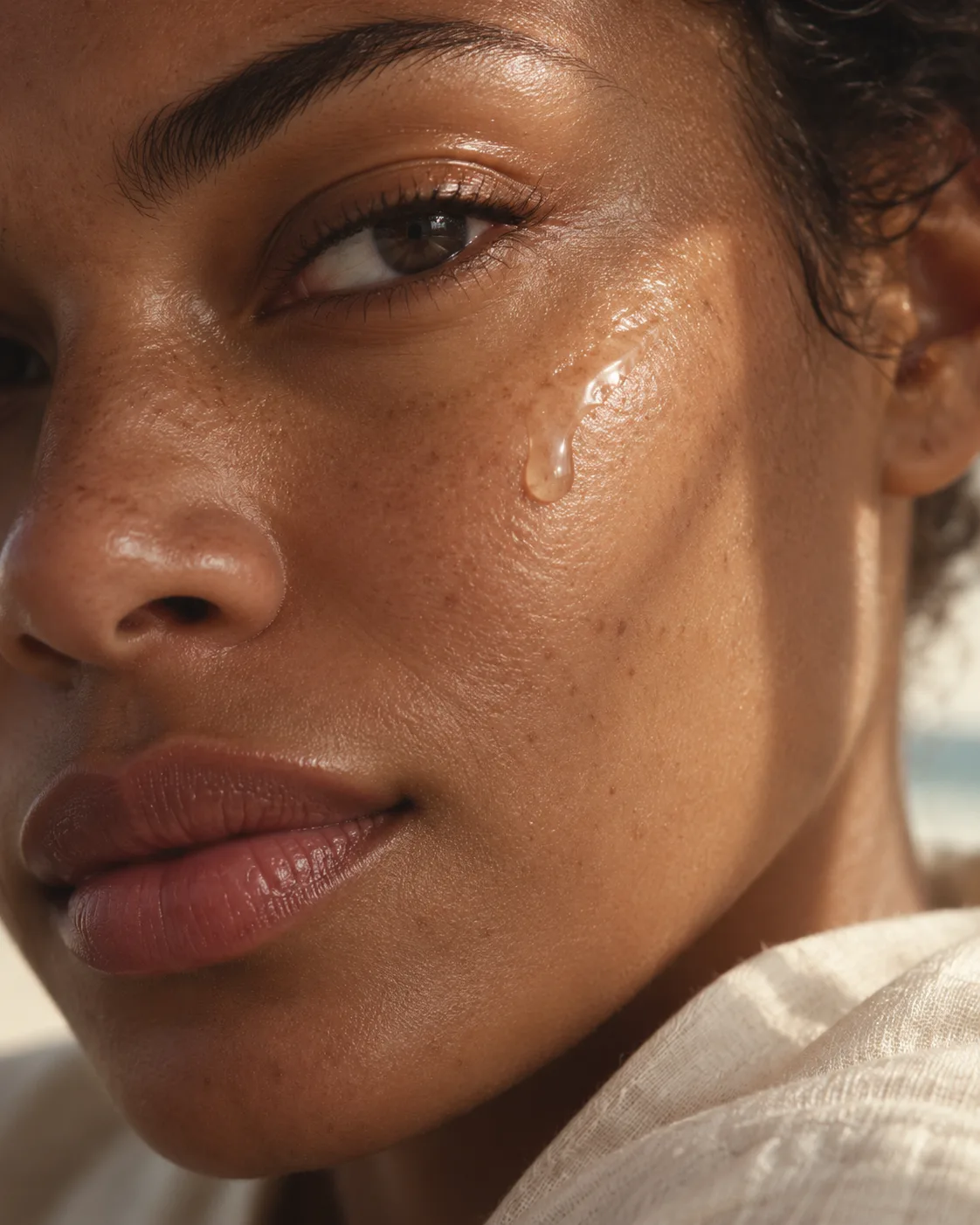 Serum on a cheek with visible natural skin texture