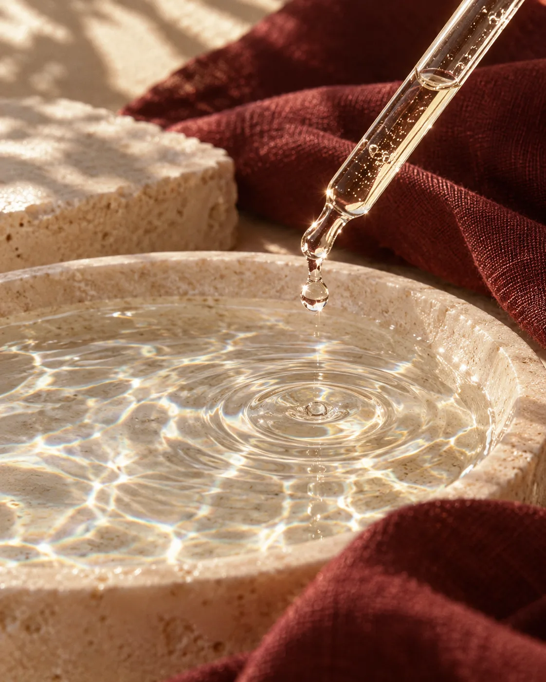 A clear serum droplet above water and cream stone